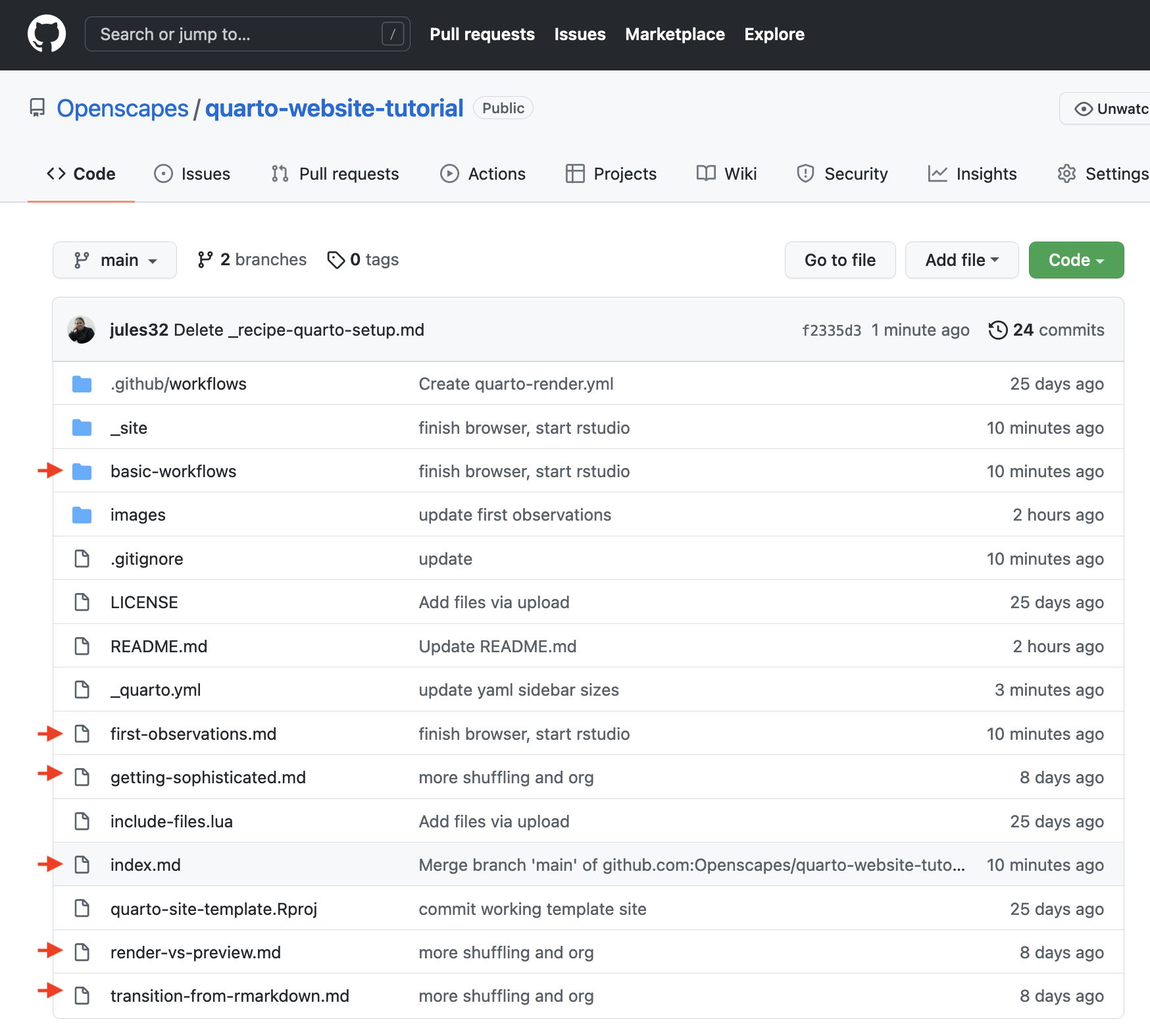 Screenshot of files on GitHub with red arrows identifying the files that we saw in the left sidebar