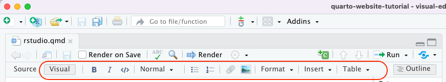 RStudio IDE Visual Editor editing bar is highlighted by a red rectangle